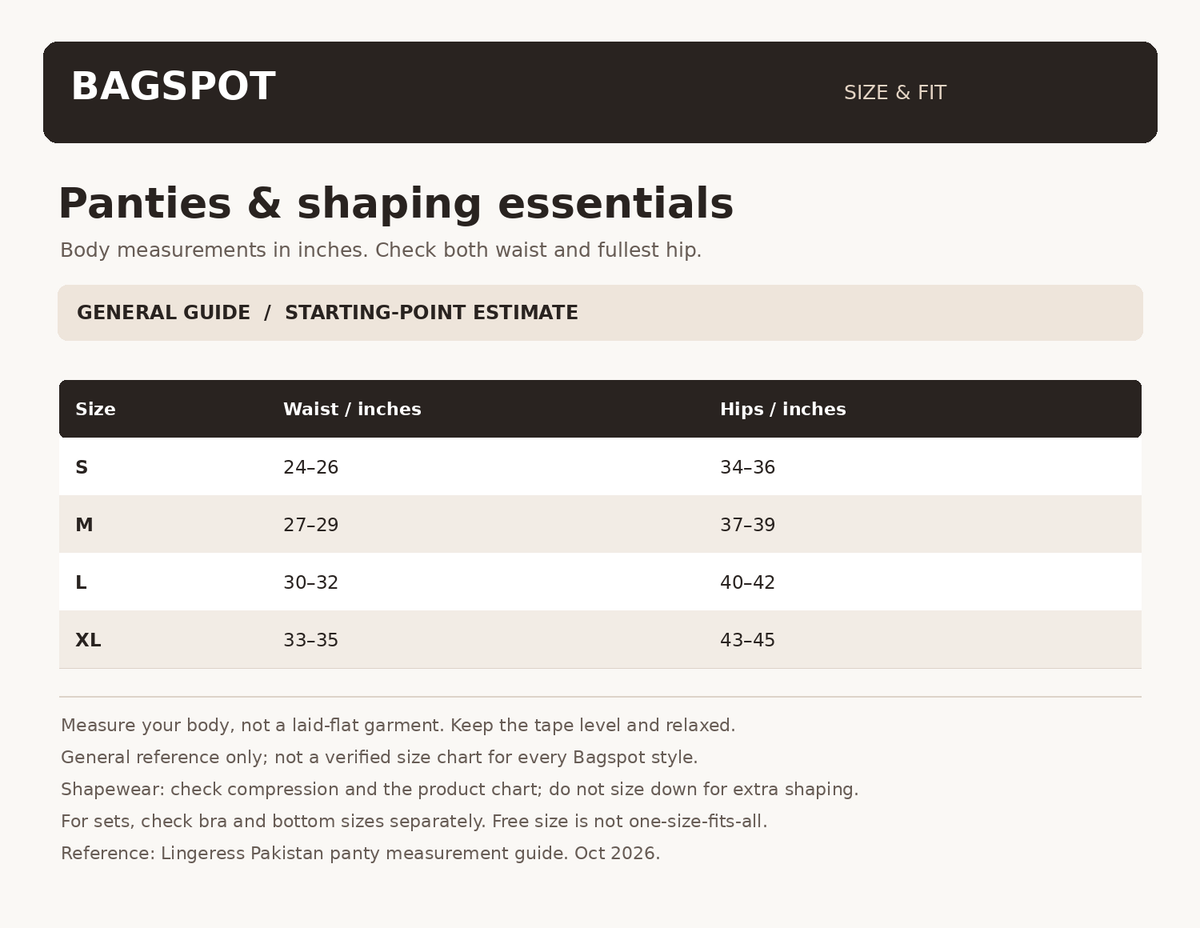 Bagspot general panty size guide. Estimated fit; check product-specific sizing.