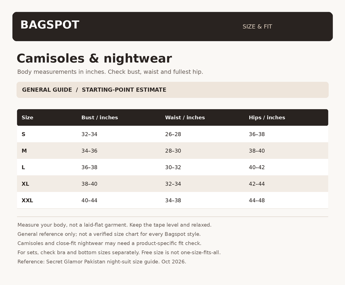 Bagspot general body size guide. Estimated fit; check product-specific sizing.